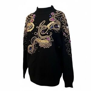 Cedars Black Oversized Ornate Jeweled Women's Sweater Multi Gem‎ Toned, Large